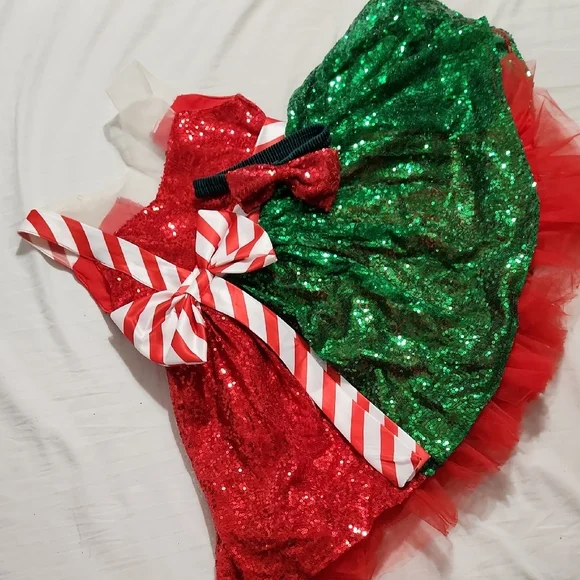 Festive Red and Green Sequin Kids Costume - Picture 5 of 5